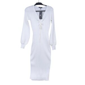 Sarin Mathews Ribbed Knit Sweater Dress Womens Size S White Ruched V-Neck Midi
